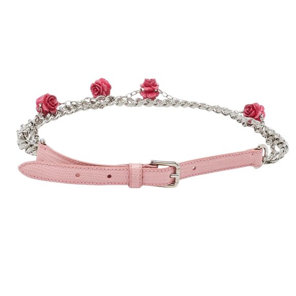 NEW Dolce & Gabbana Pink Iguana Leather Rose Embellished Chain Waist Belt, Small
